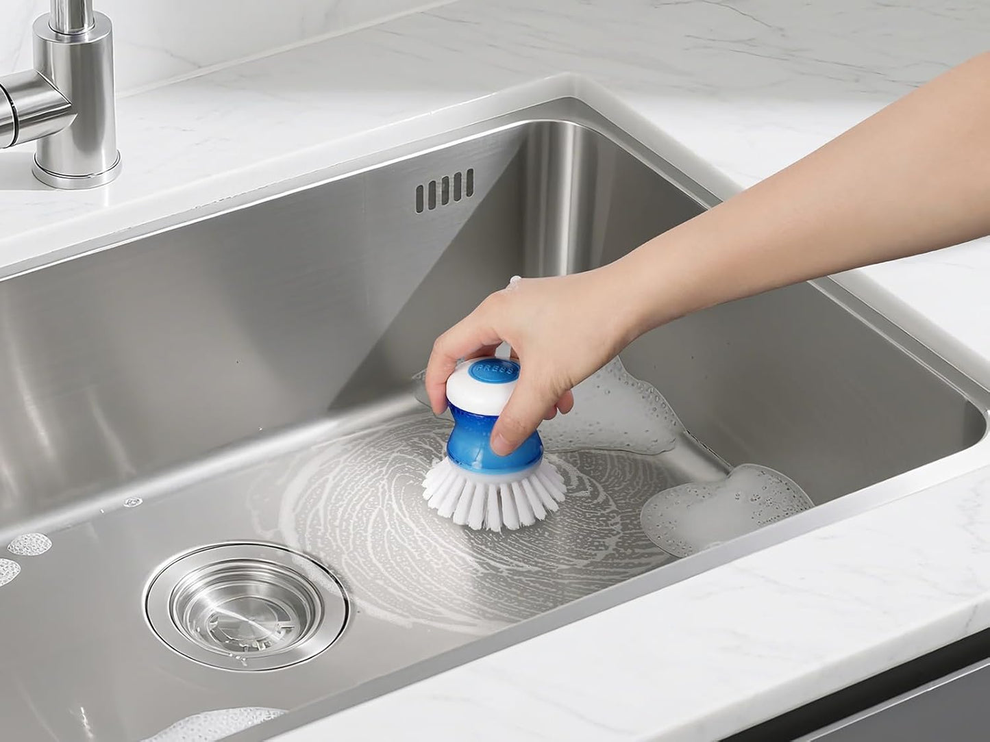 Dish Brush with Soap Dispenser for Dishes Pot Pan Kitchen Sink Scrubbing, Blue 2 Pack