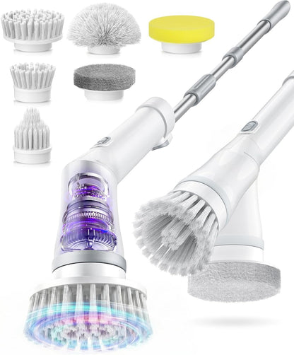 Electric Spin Scrubber, Cordless Cleaning Brush with 7 Replaceable Brush Heads, 2-Speed Adjustable Handle Shower Scrubber, IPX7 Waterproof for Bathroom, Tub, Tile & Floor, Teens, White-qb1...
