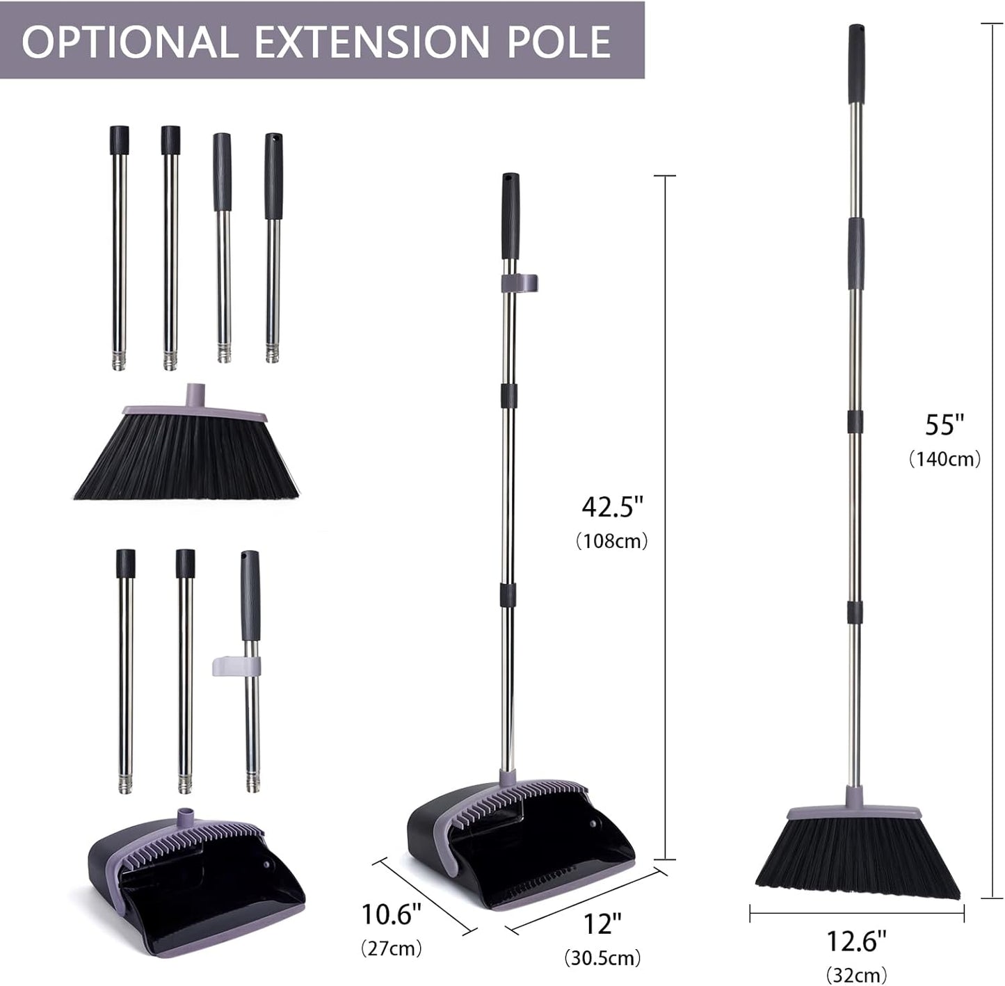 Broom and Dustpan Set with Long Handle, Light Weight Stainless Steel Poles Stand Upright Dustpans with Broom Combo for Home Kitchen Office Pet Dog Hair, Brown & Beige Color, 1-Pack