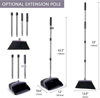 Broom and Dustpan Set with Long Handle, Light Weight Stainless Steel Poles Stand Upright Dustpans with Broom Combo for Home Kitchen Office Pet Dog Hair, Brown & Beige Color, 1-Pack