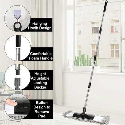 Dust Mop for Floor Cleaning with 2 Washable Chenille Pads and Extendable 58” Long Handle, Dry Wet Flat Mop with Scouring Pad for Hardwood, Laminate, Tile, Marble (Green)