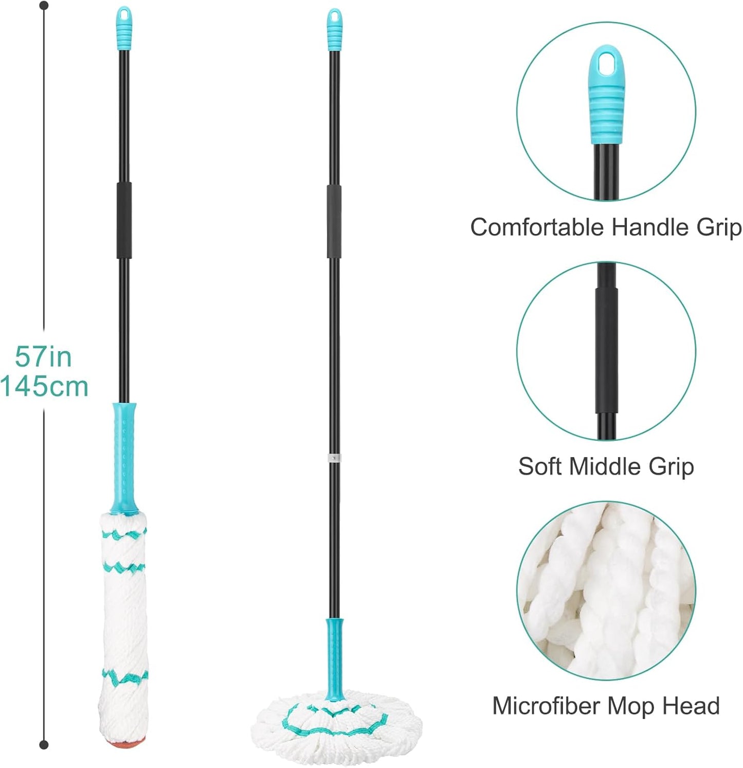 KeFanta Self-Wringing Twist Mop for Floor Cleaning, Long Handled Microfiber Floor Mop with Top Scouring Pad for Kitchen, Hardwood, Restaurant, Bathroom, Garages, Warehouses, Office,57-inch