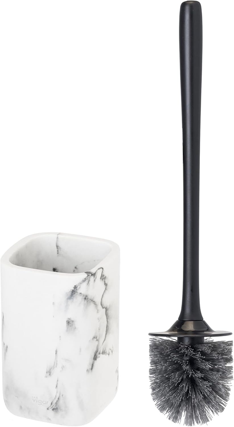 Vigar Zense Toilet Brush and Holder Set, Toilet Bowl Brush with Polyresin Stone Holder, Bathroom Sets for Bathroom Decor and Accessories, Terrazzo