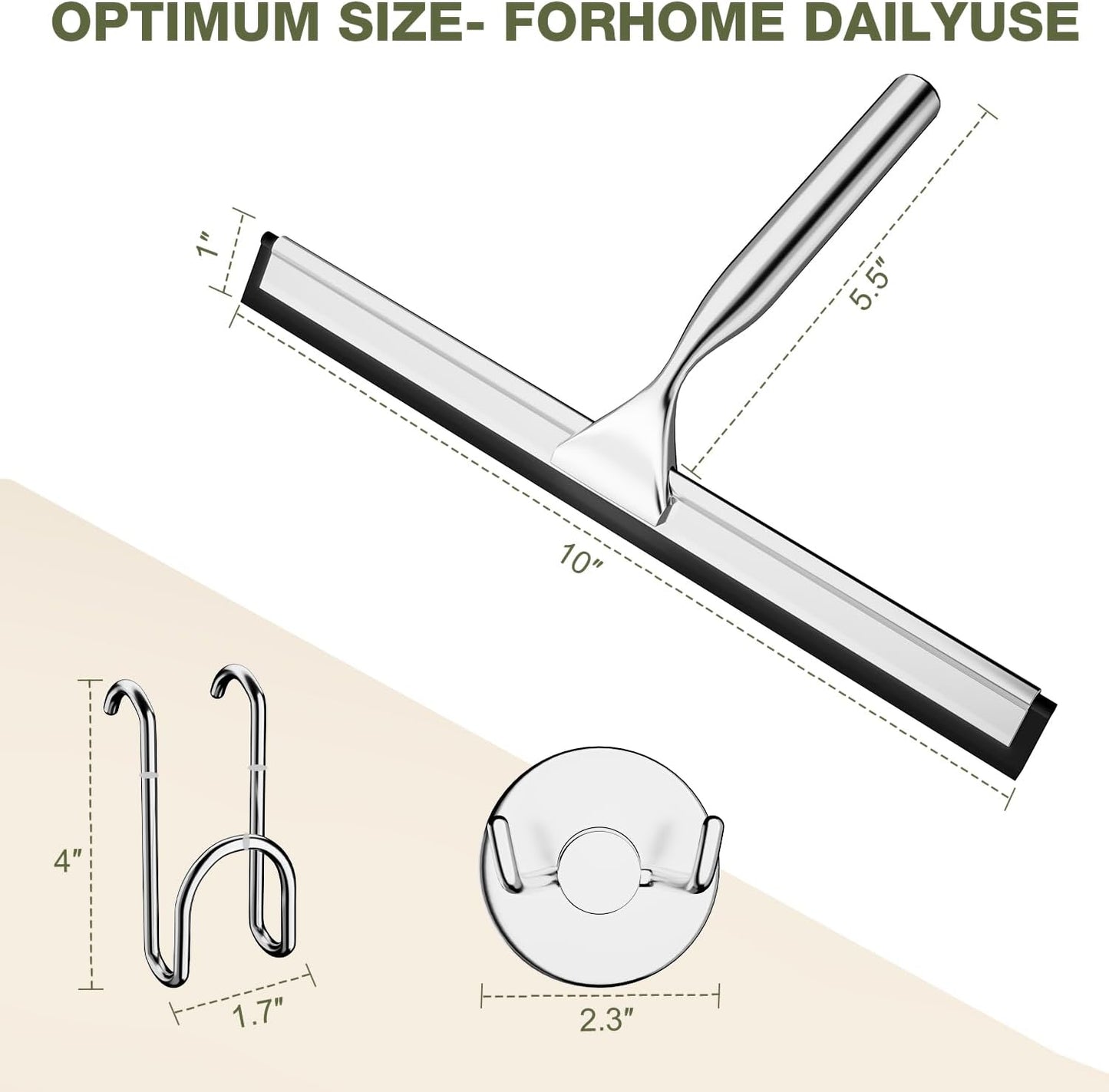 FARMER Shower Squeegee for Glass Doors, 10-Inch Glass Squeegee for Windows, Car Glass and Mirrors, Multi-Purpose Stainless Steel Squeegee with Suction Wall Hook and Over Door Hook, Silver