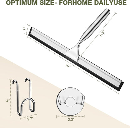 FARMER Shower Squeegee for Glass Doors, 10-Inch Glass Squeegee for Windows, Car Glass and Mirrors, Multi-Purpose Stainless Steel Squeegee with Suction Wall Hook and Over Door Hook, Silver