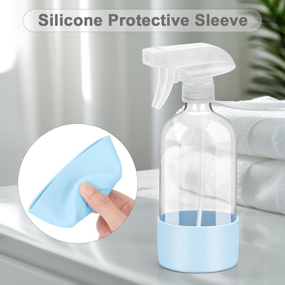 Worldgsb 2 Pack Glass Spray Bottles with Silicone Sleeve, 16 oz Empty Refillable Containers with Adjustable Spray Nozzles, Spray Bottles for Hair, Cleaning Solutions and Plants Blue&Grey
