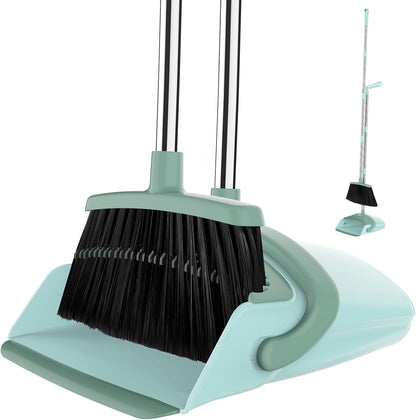 Broom and Dustpan Set for Home, 51-in Long Adjustable Handle Angle Broom and Dustpan Combo Set with Dust Pan Teeth to Clean Hair for Home Kitchen Office Lobby Floor Garden (Black&White)
