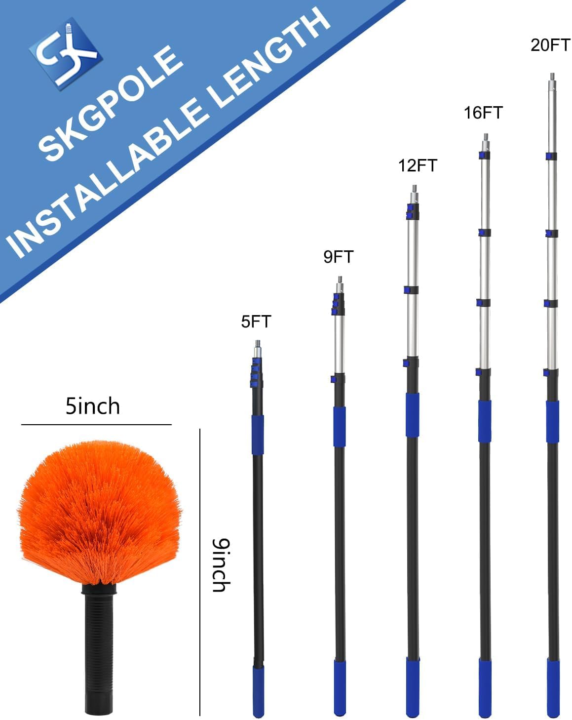 26FT Reach Cobweb Duster, Outdoor Spider Web Cleaner Brush with 5-20FT Telescoping Extension Pole, Aluminium Heavy Duty, Medium Stiff Bristles Spider Web Brush for Outdoor & Indoor Cleaning