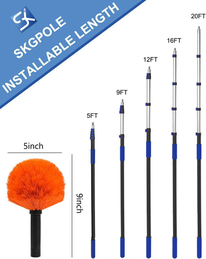 26FT Reach Cobweb Duster, Outdoor Spider Web Cleaner Brush with 5-20FT Telescoping Extension Pole, Aluminium Heavy Duty, Medium Stiff Bristles Spider Web Brush for Outdoor & Indoor Cleaning