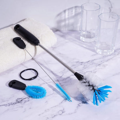 MOSOLAN 3-in-1 Stainless Steel Bottle Brush and Straw Cleaning Set, Long Handle Scrub Brush with Replaceable Head for Water Bottles, Glasswares, Mugs, Flasks, Tumblers, Vases, Round Head