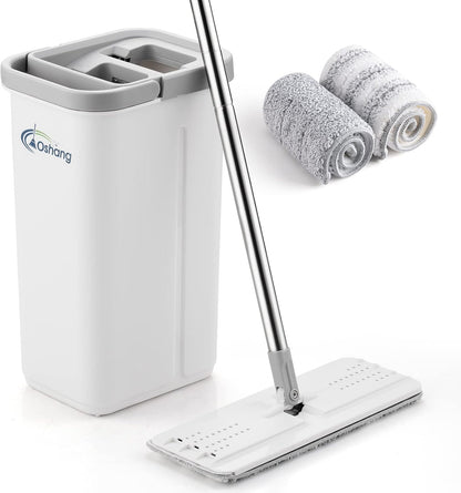 Oshang Flat Mop and Collapsible Bucket OG7 with Wheels, 2 Washable Reusable Microfiber Pads, Pure White