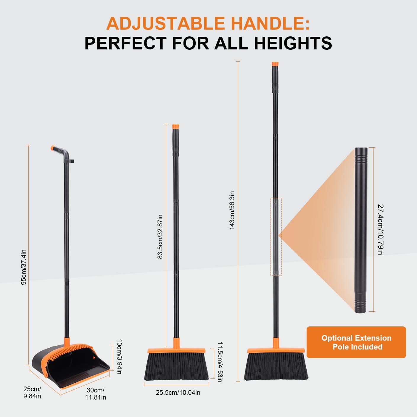 Broom and Dustpan Set - 56" Long Adjustable Handle Broom with Upright Standing Dustpan Combo for Home,Kitchen, Shopping Mall and Factory Indoor&Outdoor Sweeping