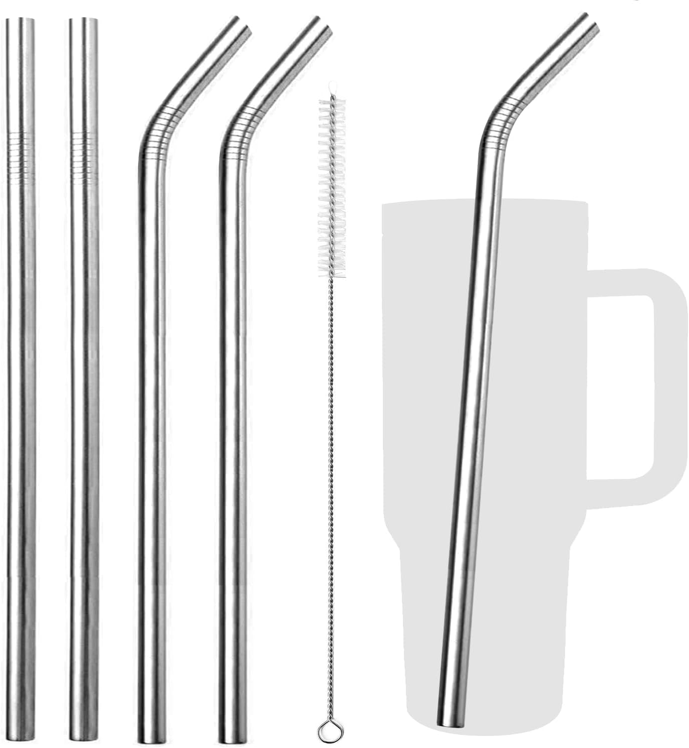 VEHHE Metal Straw Stainless Steel Straws Drinking Reusable Straws 4 Set -10.5" Ultra Long Rainbow Color-Cleaning Brush for 20/30 Oz for Yeti RTIC SIC Ozark Trail Tumblers (2 Straight|2 Bent|1 Brush)