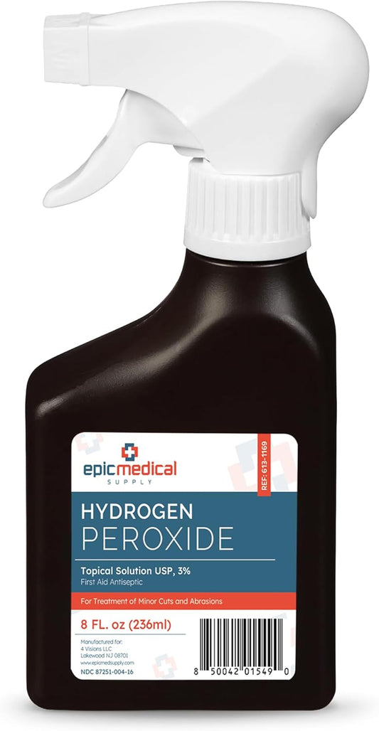 Epic Medical Supply Hydrogen Peroxide Spray 3% USP - First Aid Antiseptic for Cuts & Scrapes - Antiseptic Disinfectant Multi-Purpose Cleaner - 8oz / 236ml Trigger Spray Bottle (1)