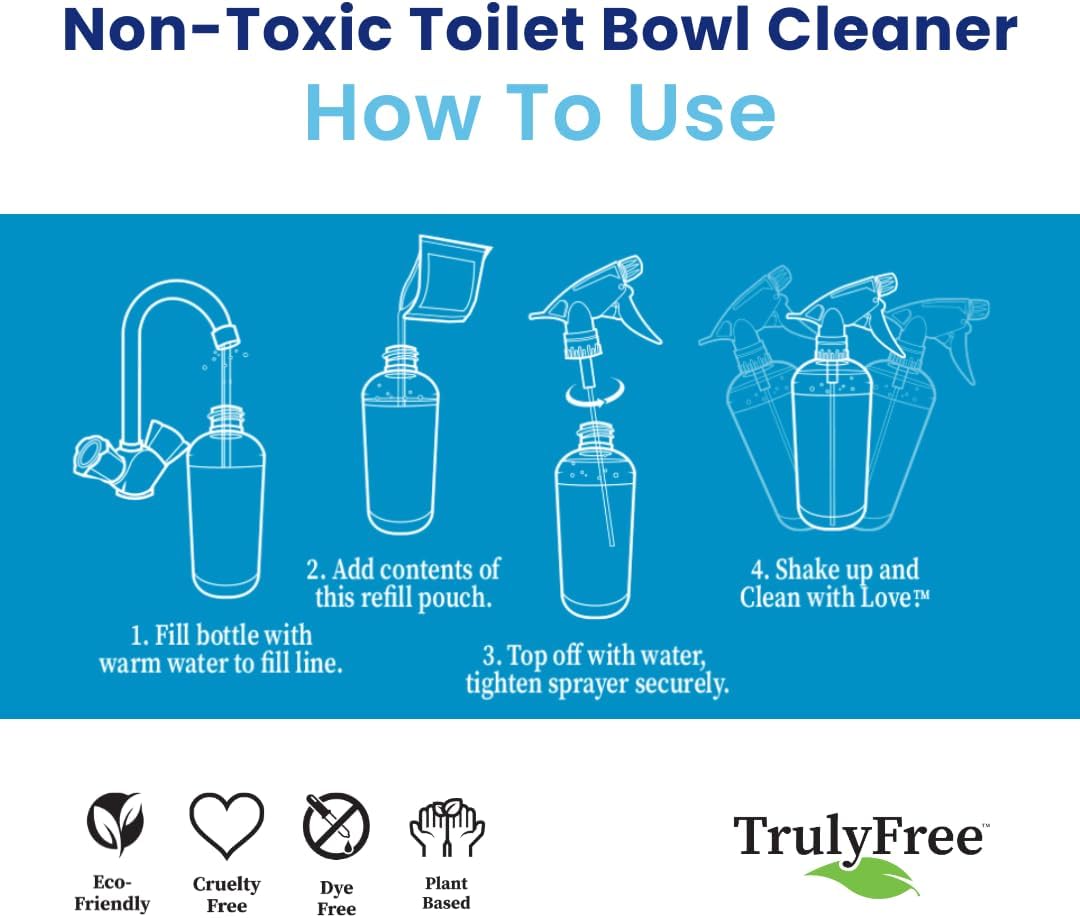 Truly Free Toilet Bowl Cleaner - Heavy-Duty Stain Remover - Septic Safe, Plant-Based Formula - Fresh Peppermint Scent - 16 oz Reusable Empty Bottle + Two Fills, 3 oz ea.