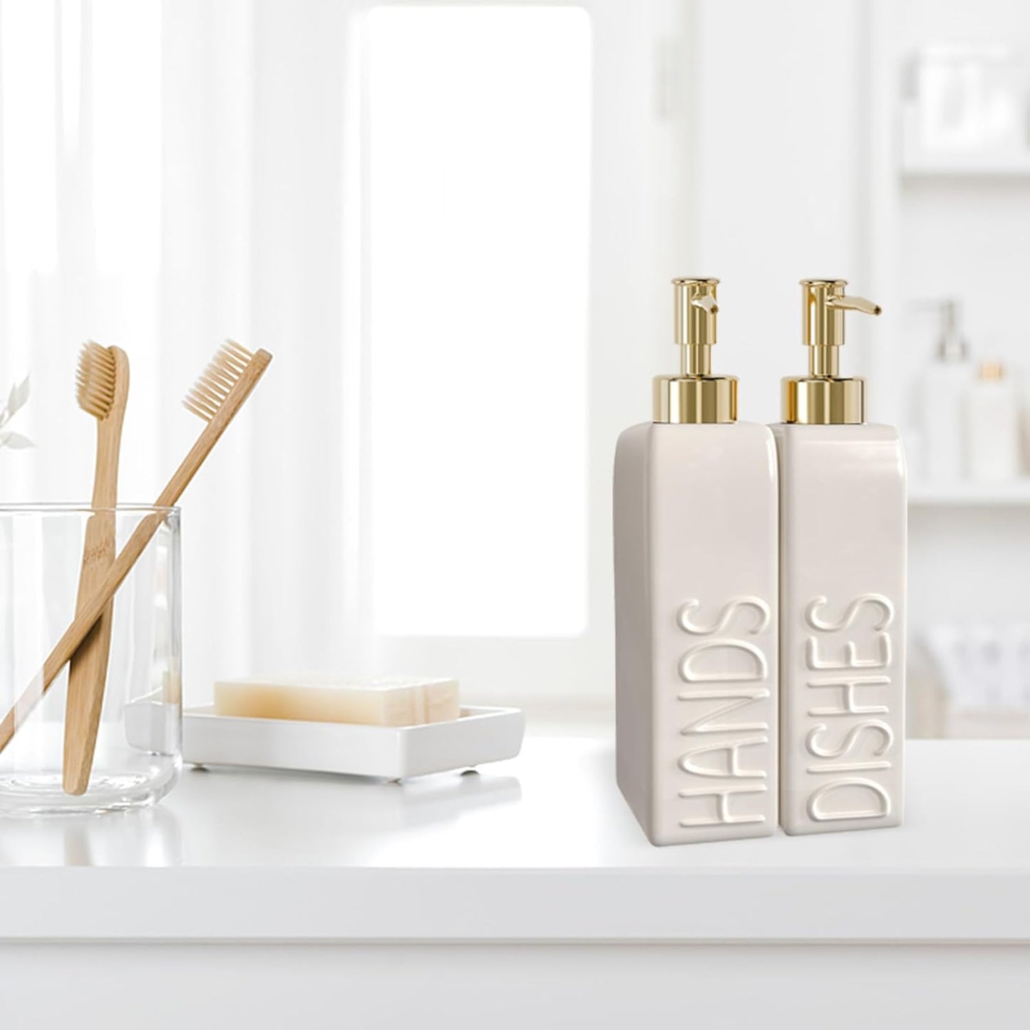 Soap Dispenser Set with Stainless Steel Pump, 2 Pack Ceramic Refillable Dish Soap and Hand Soap Dispenser for Kitchen, Bathroom, Matte White