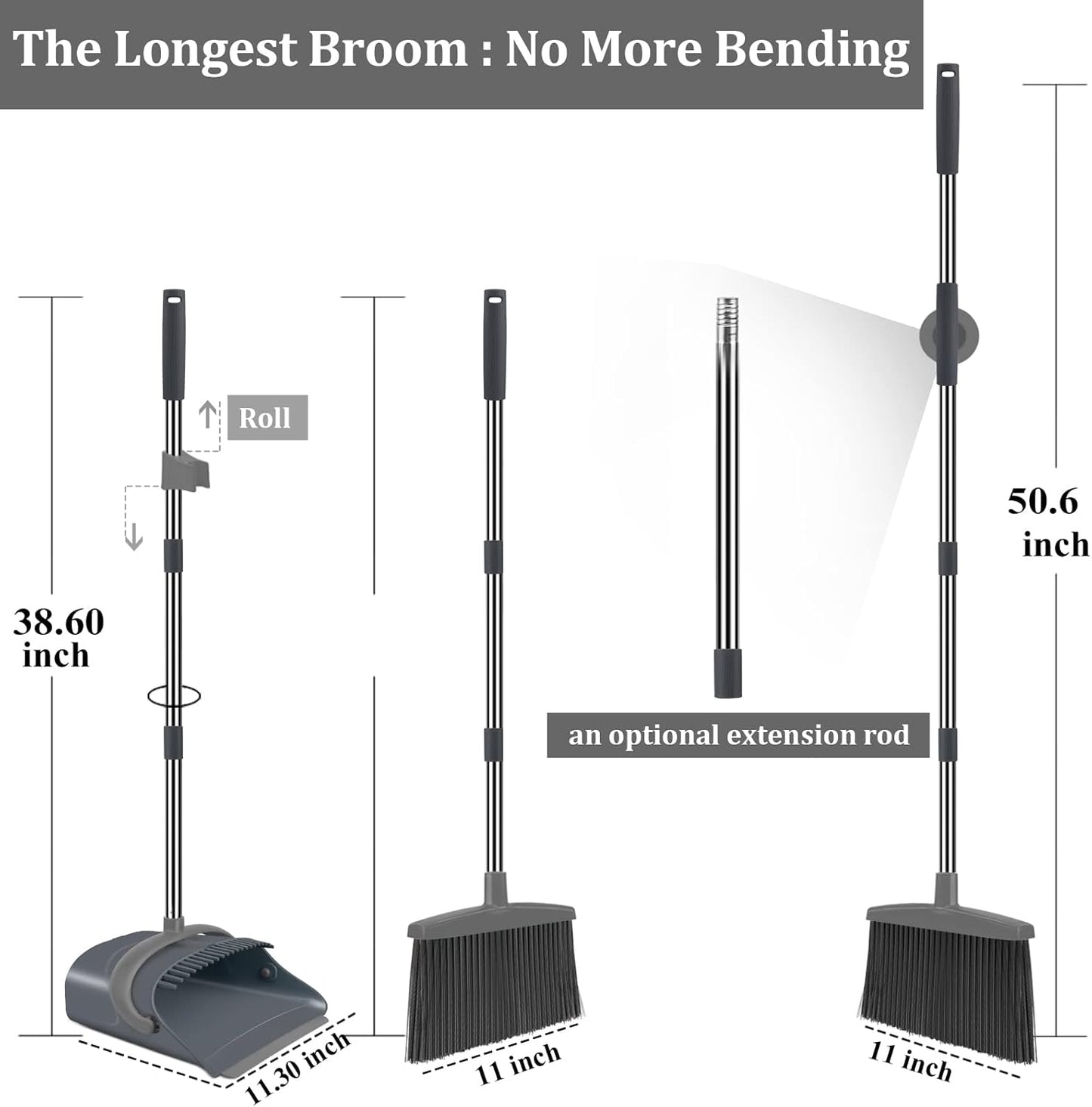 Ivandar Broom and Dustpan Set for Home, Broom and Dustpan Combo for Office, Long Handle Broom with Upright Standing Dust pan,Indoor&Outdoor Sweeping (Gray&Orange)