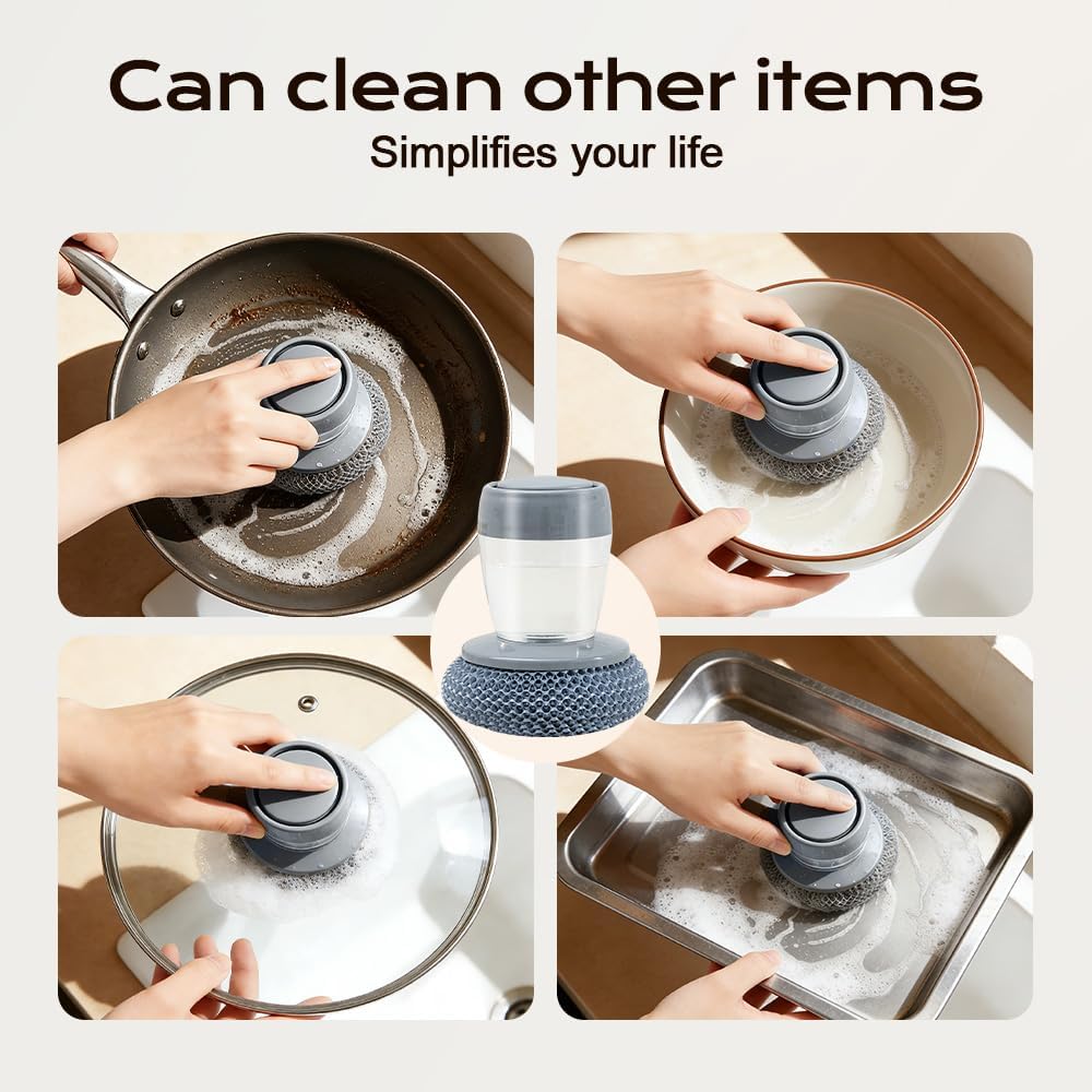 Comfort Grip Soap Dispensing Kitchen Scrub, 2026 New Dish Brush Soap Dispenser, Built-in Liquid Dispenser, with Replaceable Nylon/Wire Bristles (1 Steel Wire Brush + 2 Accessories)