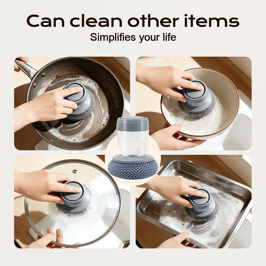 Comfort Grip Soap Dispensing Kitchen Scrub, 2026 New Dish Brush Soap Dispenser, Built-in Liquid Dispenser, with Replaceable Nylon/Wire Bristles (1 Steel Wire Brush + 2 Accessories)