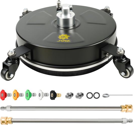 janz 14" Pressure Washer Surface Cleaner with 4 Wheels, Stainless Steel Housing, 1/4" Quick Plug, 2 Extension Wands, 2 Replacement Nozzles and 3 Spray Nozzles, 4000 PSI