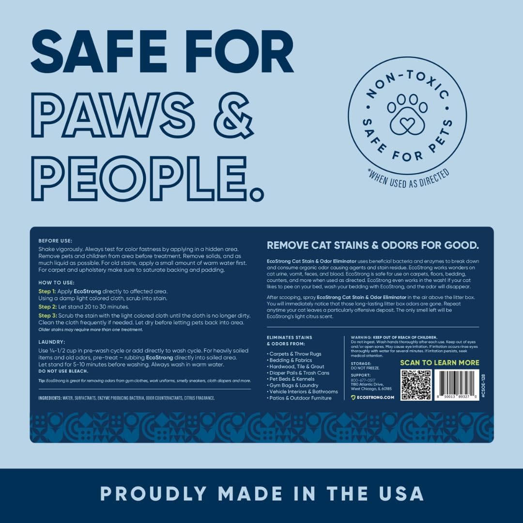 Eco Strong Cat Stain And Odor Remover | Enzyme Urine Odor Neutralizer - Stain Remover for Carpet, Litter Boxes, Bedding, and Laundry [Citrus Scent, 32 oz. Spray]