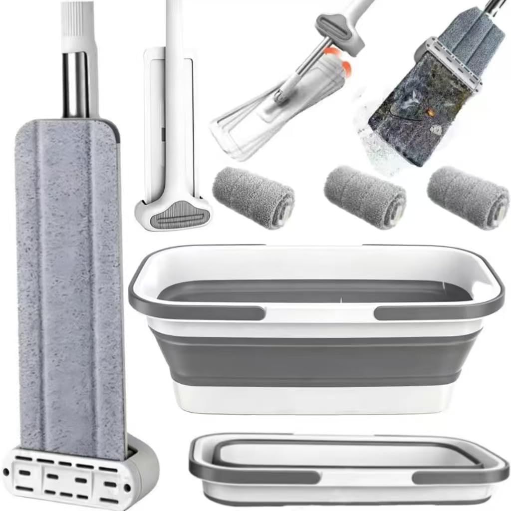 Large Flat Mop and Scalable Bucket with Wheels, 360 Rotating Microfiber Dust Mop with Dewatering Scraper, 54" Adjustable Stainless Steel (1 Mop + 4 Microfiber Pads + 1 Bucket)