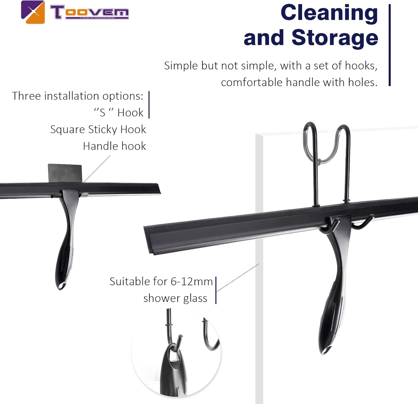 TOOVEM 14 Inch Shower Squeegee for Glass Doors, Window, Bathroom, Car Windshield, Shower Cleaning Tools with S Hook, Square Sticky Hook (Silver)