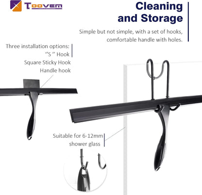 TOOVEM 14 Inch Shower Squeegee for Glass Doors, Window, Bathroom, Car Windshield, Shower Cleaning Tools with S Hook, Square Sticky Hook (Silver)