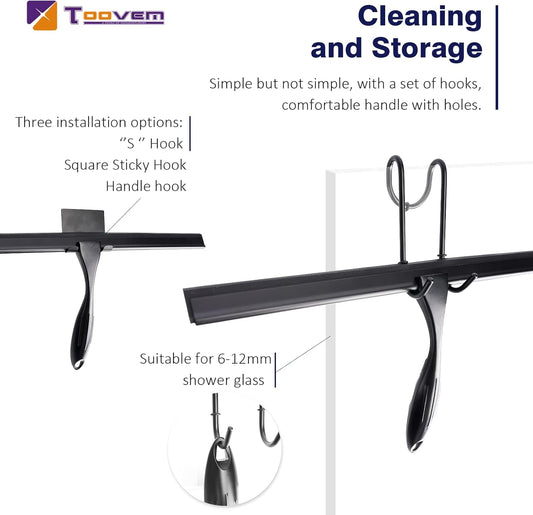 TOOVEM 14 Inch Shower Squeegee for Glass Doors, Window, Bathroom, Car Windshield, Shower Cleaning Tools with S Hook, Square Sticky Hook (Silver)
