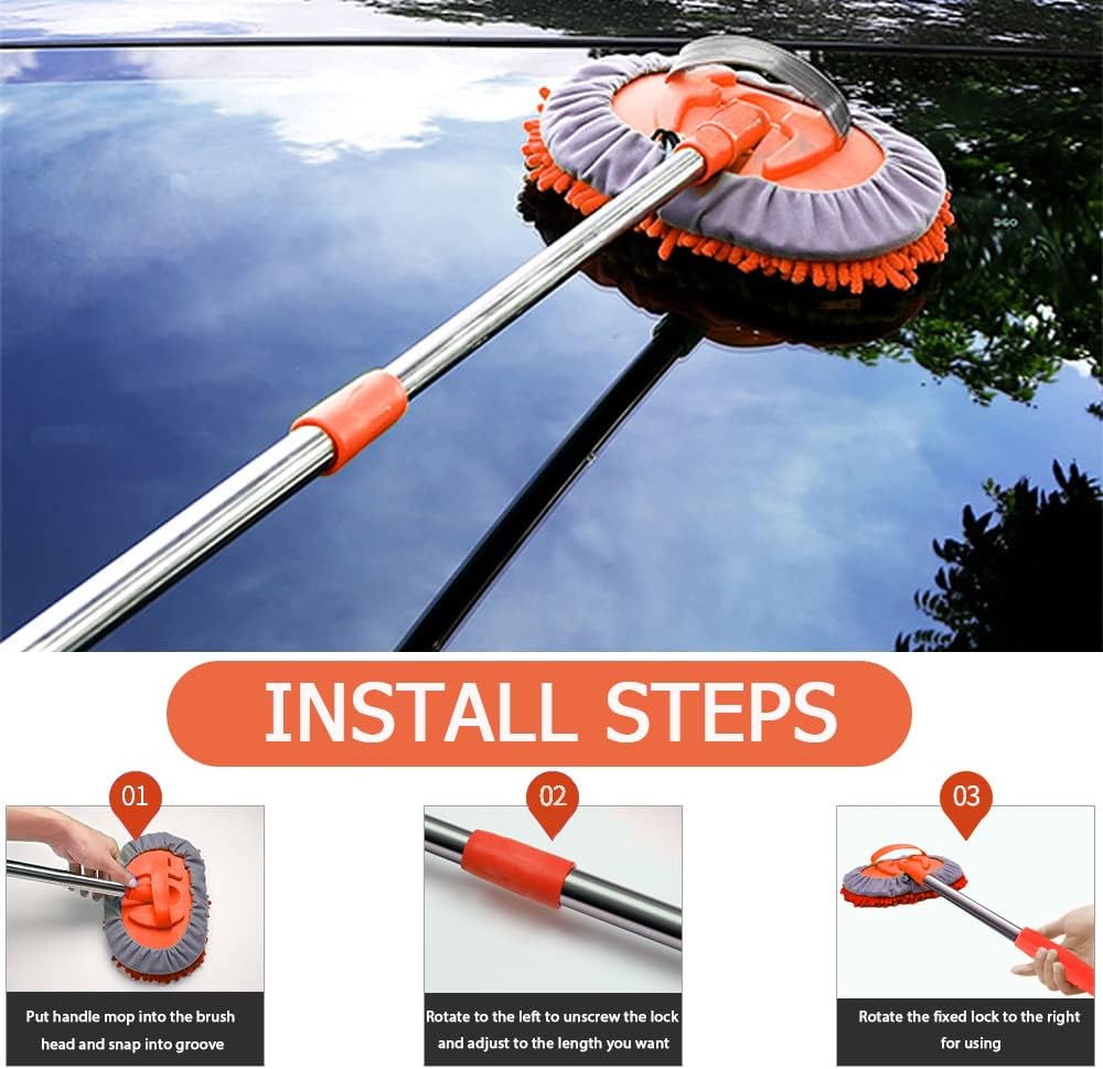 WillingHeart 47.5" Car Wash Brush Mop Cleaning Tool with Long Handle Kit for Washing Detailing Cars Truck, SUV, RV, Trailer, Boat 2 in 1 Chenille Microfiber Sponge Duster Not Hurt Paint Scratch Free