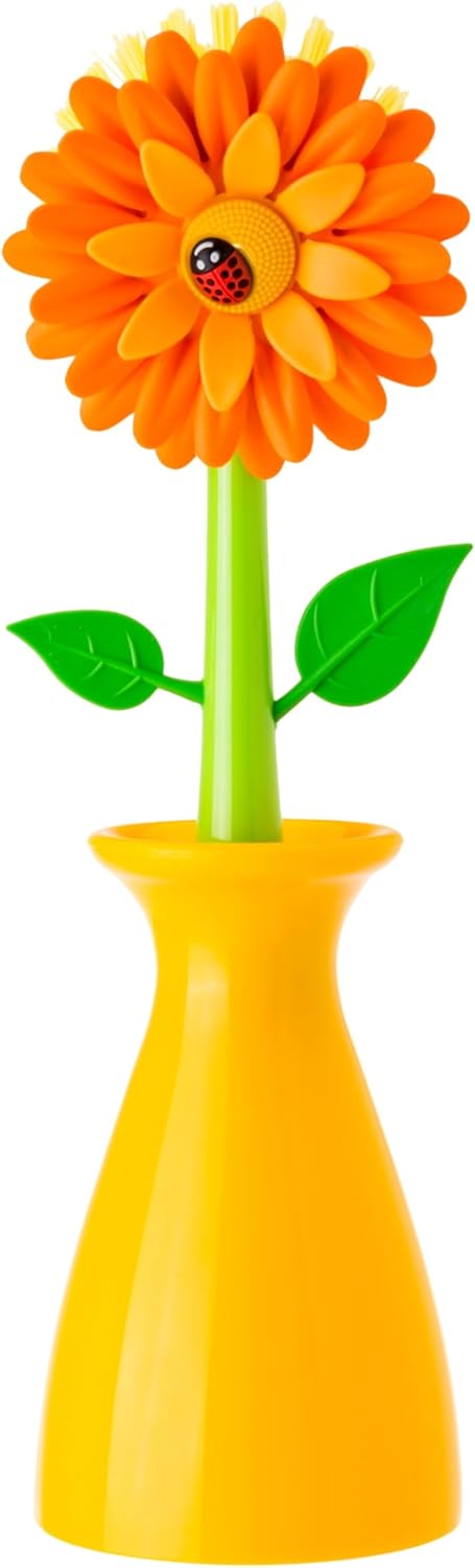 Vigar Flower Power Dish Brush with Handle and Vase Dish Brush Holder, Kitchen Scrub Brush for Pot Scrubber, Dishes, and Sink Cleaning, Pink, Green