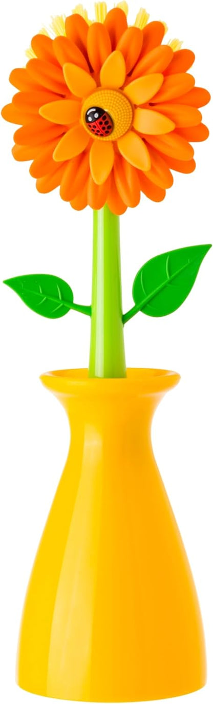 Vigar Flower Power Dish Brush with Handle and Vase Dish Brush Holder, Kitchen Scrub Brush for Pot Scrubber, Dishes, and Sink Cleaning, Pink, Green