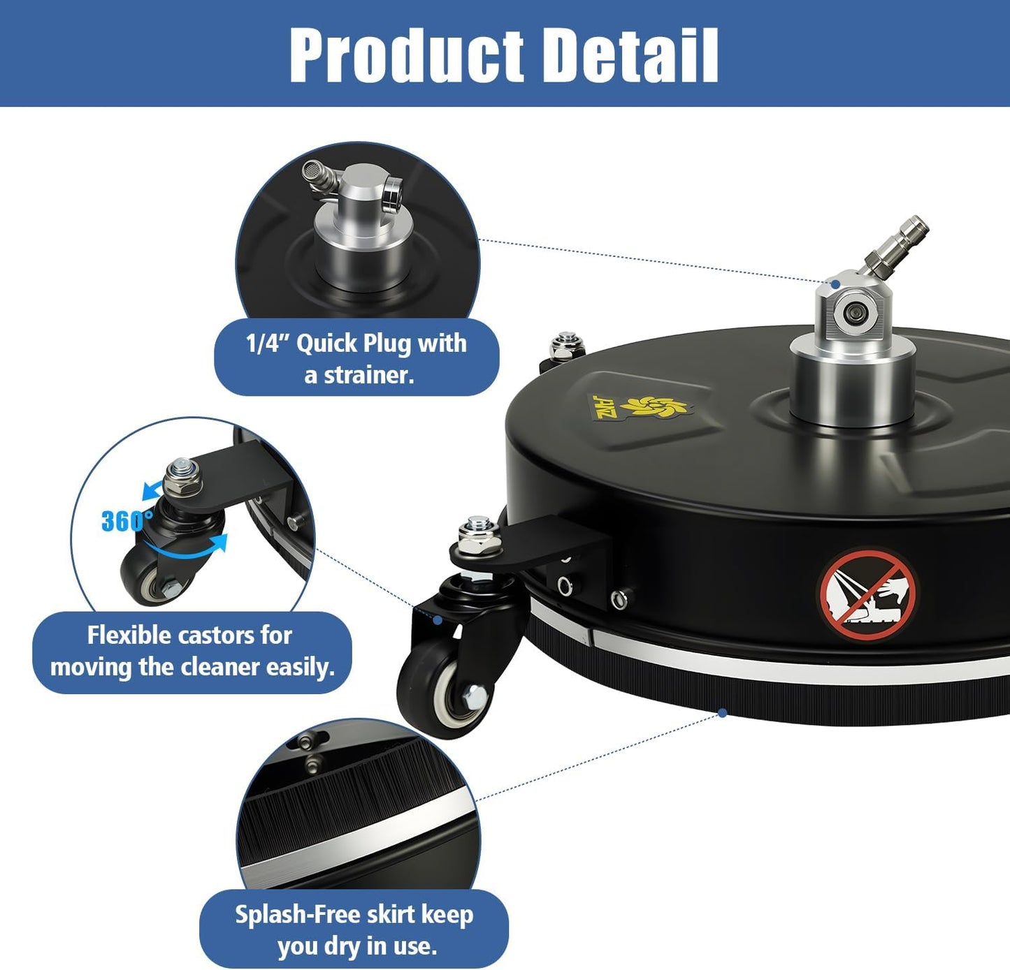 janz 14" Pressure Washer Surface Cleaner with 4 Wheels, Stainless Steel Housing, 1/4" Quick Plug, 2 Extension Wands, 2 Replacement Nozzles and 3 Spray Nozzles, 4000 PSI