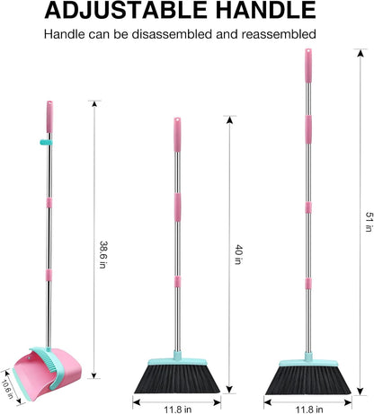 NACENA Broom and Dustpan Set, 52-in Long Adjustable Handle Broom Dustpan Combo with Dustpan Teeth to Automatically Clean Hair Suitable for Home Kitchen Office Hall Floor（Black&Red）