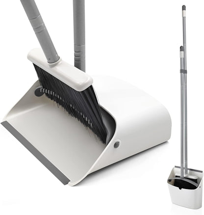 JEHONN Broom with Dustpan Combo Set, Long Handle Lightweight Indoor Broom Set, Upright Standing Dust Pan with Comb Teeth Store Sweep Set for Home Room Kitchen Office Lobby (Rose Red)