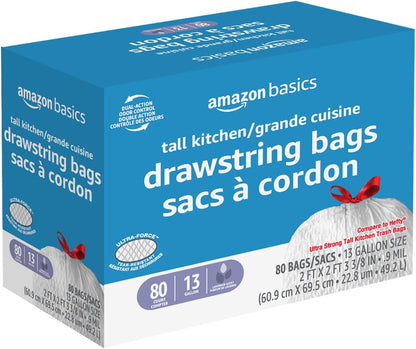 Amazon Basics Ultra-Force Tall Kitchen Drawstring Trash Bags, Classic Clean Scented, 13 Gallon, 80 Count with Odor Control