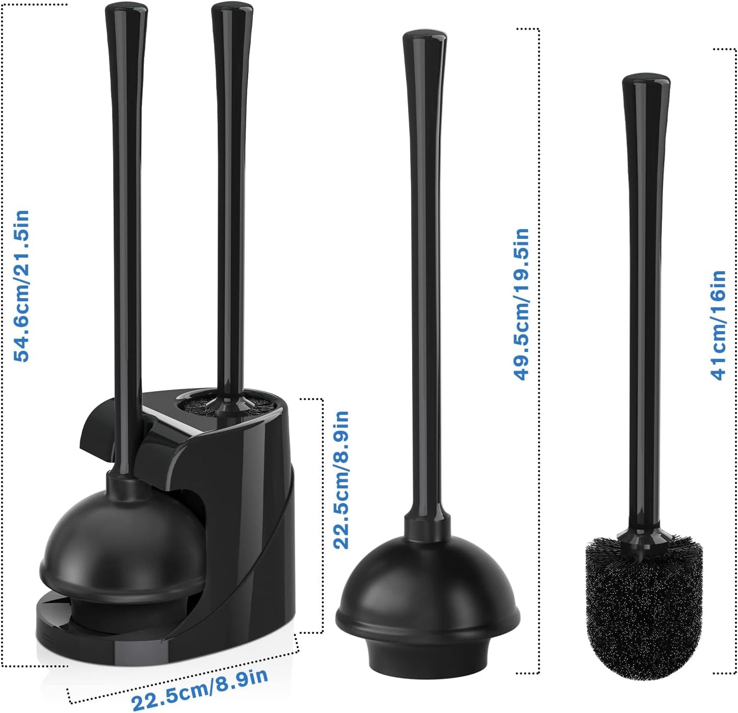 Toilet Plunger and Brush, Bowl Brush and Heavy Duty Toilet Plunger Set with Ventilated Holder, 2-in-1 Bathroom Cleaning Combo with Modern Caddy Stand for 5.7-inch Toilet Drain(Black, 2 Set)