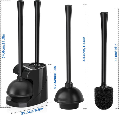 Toilet Plunger and Brush, Bowl Brush and Heavy Duty Toilet Plunger Set with Ventilated Holder, 2-in-1 Bathroom Cleaning Combo with Modern Caddy Stand for 5.7-inch Toilet Drain(Black, 2 Set)