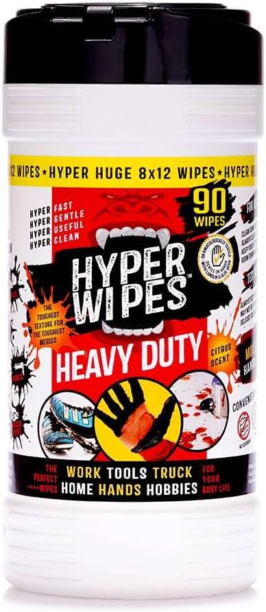 Hyper Wipes, 1 Pack Heavy Duty Hand & Tool Cleaning Wipes, 7"x12" Size Multi-Surface Cleaning Wipes, Degreasing, All Purpose Cleaner, Bathroom, Mechanic, Work Surface Wipes, 35 Count Canister