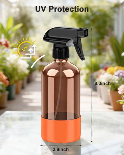 Bontip Amber Glass Spray Bottle with Silicone Sleeve Protection, 16 oz Refillable Spray Bottles for Cleaning Solutions, Plants, Aromatherapy, Facial Hydration (1, Black, 16 oz)