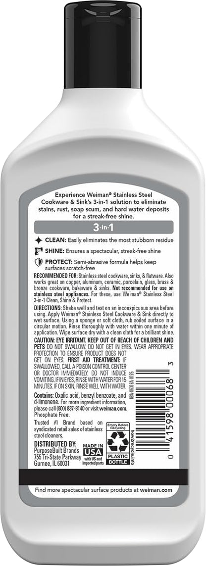 Weiman Stainless Steel Sink and Cookware Cleaner and Polish with Microfiber Cloth - 8 Ounce