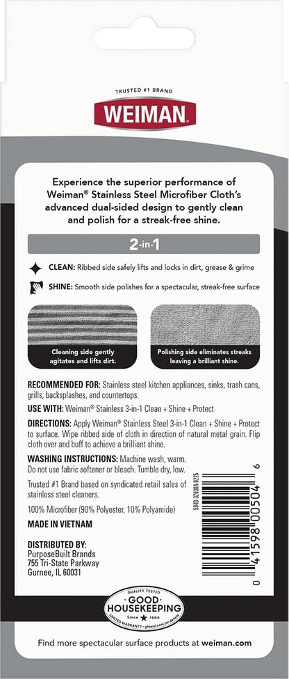 Weiman Microfiber Cloth for Stainless Steel, Safely Traps and Removes Dirt, Oil and Grime to Protect from Scratches 13.8" x 13.8" (Pack of 2)