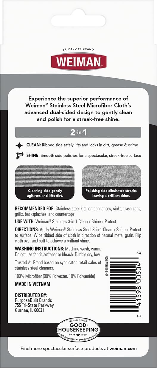 Weiman Microfiber Cloth for Stainless Steel, Safely Traps and Removes Dirt, Oil and Grime to Protect from Scratches 13.8" x 13.8" (Pack of 2)