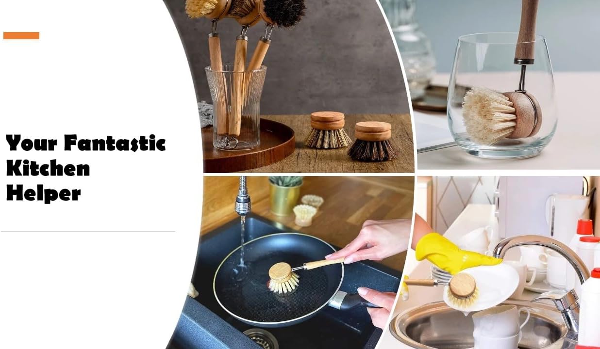Bamboo Dish Brush with Handle, 1 Sturdy Wooden Handle with 3 Natural Bristle Heads, Horsehair, Sisal, Palm - All Purpose Kitchen Scrubber, Bamboo Wok Brush, Fruit and Veggie Scrubber