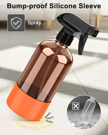 Bontip Amber Glass Spray Bottle with Silicone Sleeve Protection, 16 oz Refillable Spray Bottles for Cleaning Solutions, Plants, Aromatherapy, Facial Hydration (1, Black, 16 oz)