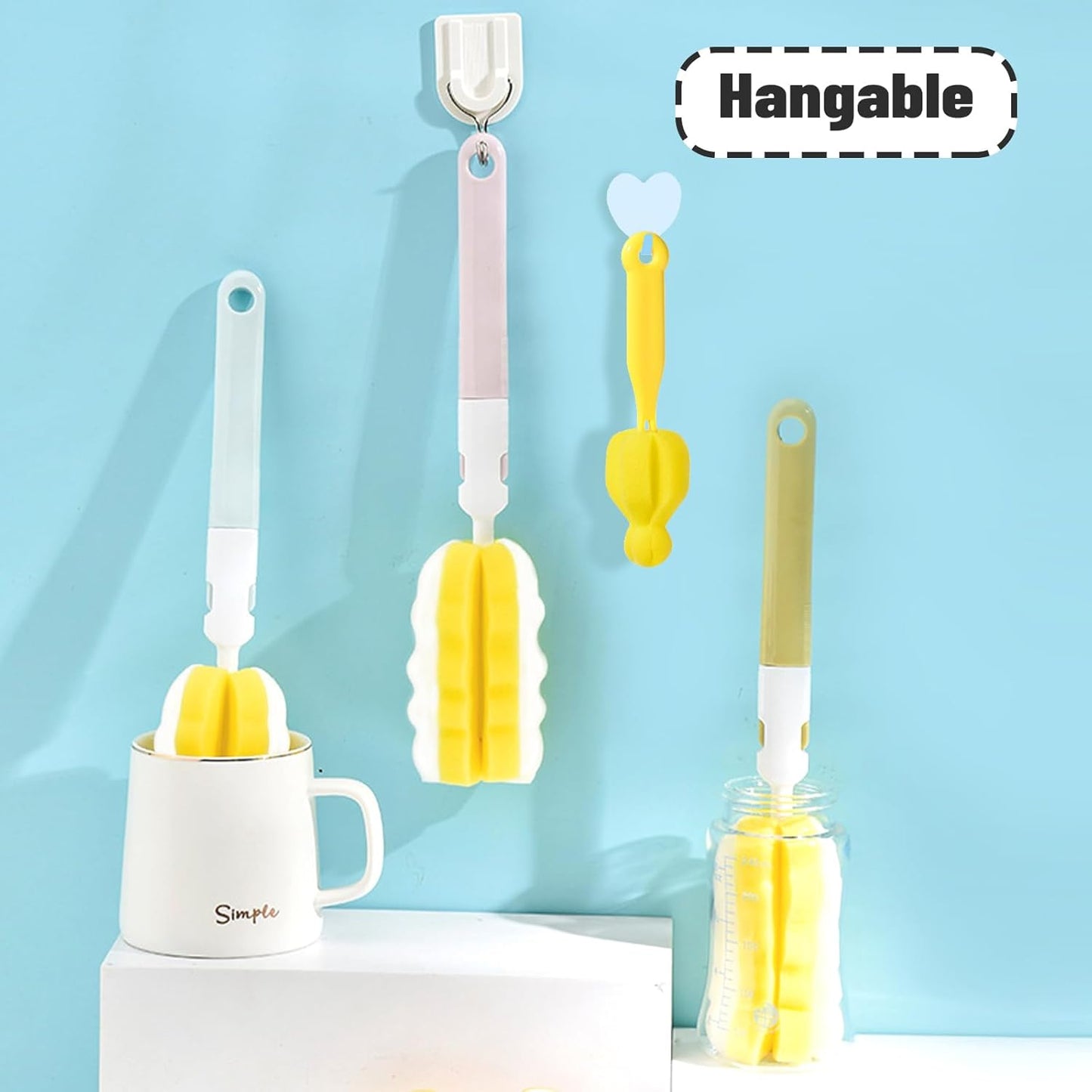 INVODA 4PCS Bottle Brush Long Handle Cup Cleaner Brush Sponge Bottle Scrubber Detachable Handle Portable Sponge Cleaning Brush for Baby Bottle Dishwashing Kitchen Clean Glasses Mugs (4 PCS)