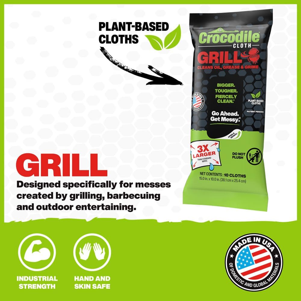 Crocodile Cloth Grill Cleaning Wipes – 480 XL Plant-Based Cloths (48 Packs of 10 Count) Pre-Moistened, Large & Absorbent - Infused with Aloe & Vitamin E & Safe on Skin & Surfaces