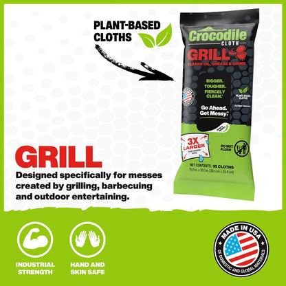 Crocodile Cloth Grill Cleaning Wipes – 480 XL Plant-Based Cloths (48 Packs of 10 Count) Pre-Moistened, Large & Absorbent - Infused with Aloe & Vitamin E & Safe on Skin & Surfaces