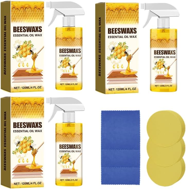 Beeswax Spray for Wood, Bees Wax Furniture Polish and Cleaner with Sponge and Towel, Natural Beeswax Cleaner for Furniture Floors Cabinets, Wood Care for Shine and Protection (4oz 1pc)