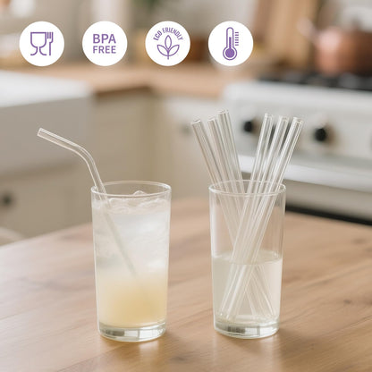 YOTIME 6-Pack Reusable Glass Straws Set, 8.5''x10MM, Set of 3 Straight and 3 Bent with 1 Silicone Cleaning Brush, Perfect for Smoothies, Juice, Milkshake and Coffee (Clear Straws, Pink Brush)
